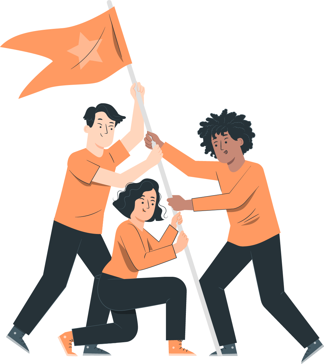 A group of people placing an orange flag with a star on it into the ground