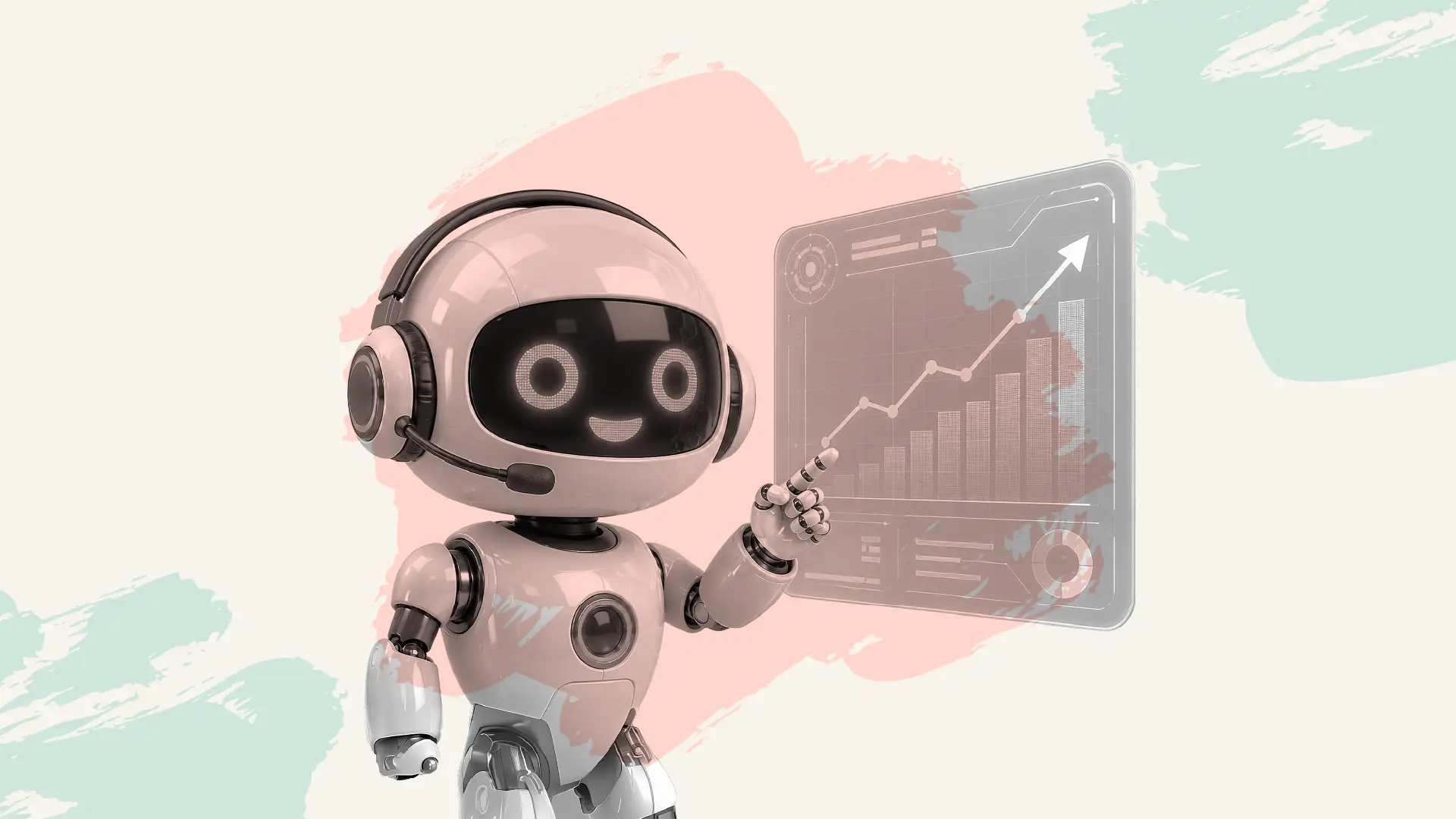 An AI bot pointing to a performance dashboard that illustrates how conversational AI for customer support helps businesses scale with confidence.