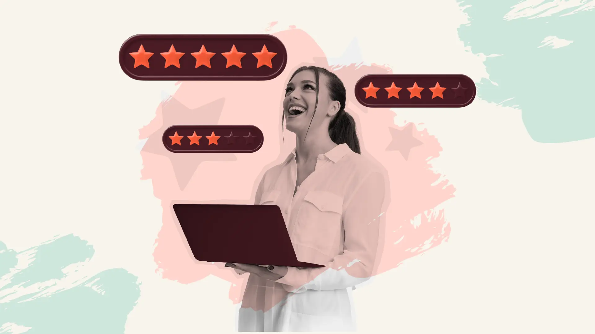 Customer ratings surround a support leader as she reviews feedback on her laptop