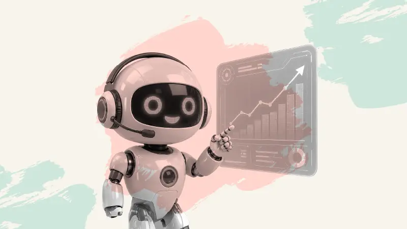 An AI bot pointing to a performance dashboard that illustrates how conversational AI for customer support helps businesses scale with confidence.