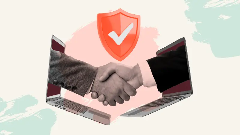 A virtual handshake beneath a security shield represents the trust and safety best practices that help create safer online experiences.