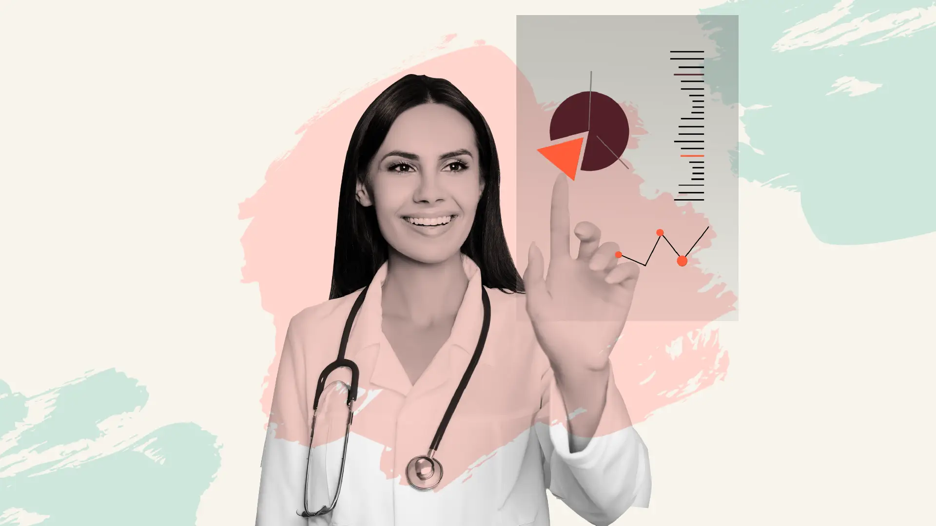 Patient experience trends fill a digital dashboard as a smiling doctor reaches toward the data.