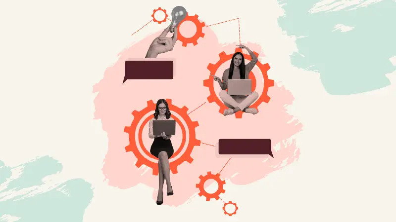 Two women with laptops sit inside connected orange gears as speech bubbles and a raised light bulb capture the human judgment that keeps outsourced customer support true to the brand.