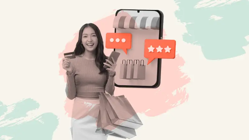A smiling shopper holds her phone and credit card at the ready beside a giant mobile storefront where chat and review icons signal retail customer experience outsourcing.