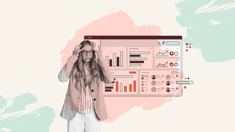 A stressed support professional facing a crowded performance dashboard as customer support strategy decisions make the job harder.
