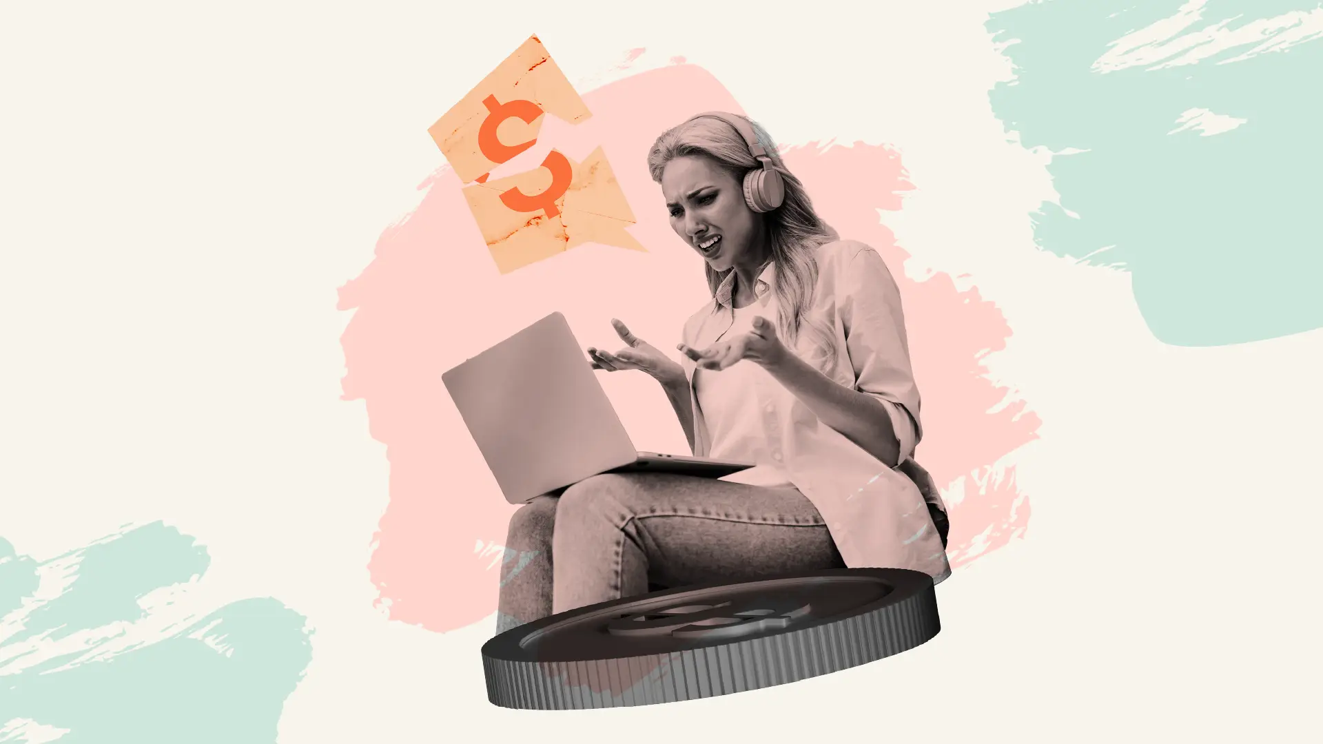 A frustrated woman in headphones stares at her laptop as cracked dollar signs and a giant coin reveal the cost of poor customer experience.