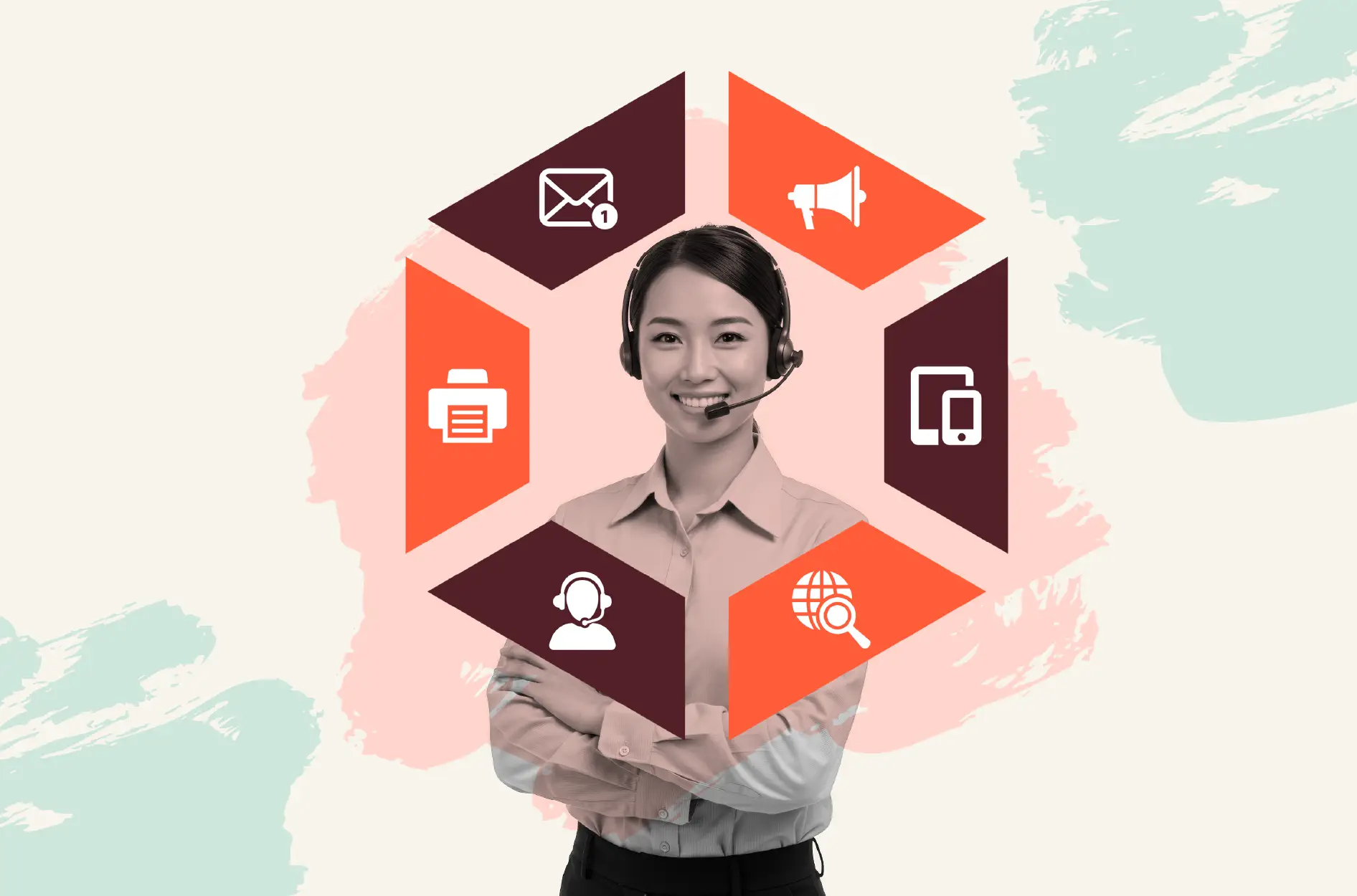 Omnichannel CX gets the full six-channel treatment as communication icons frame a smiling female customer service rep.