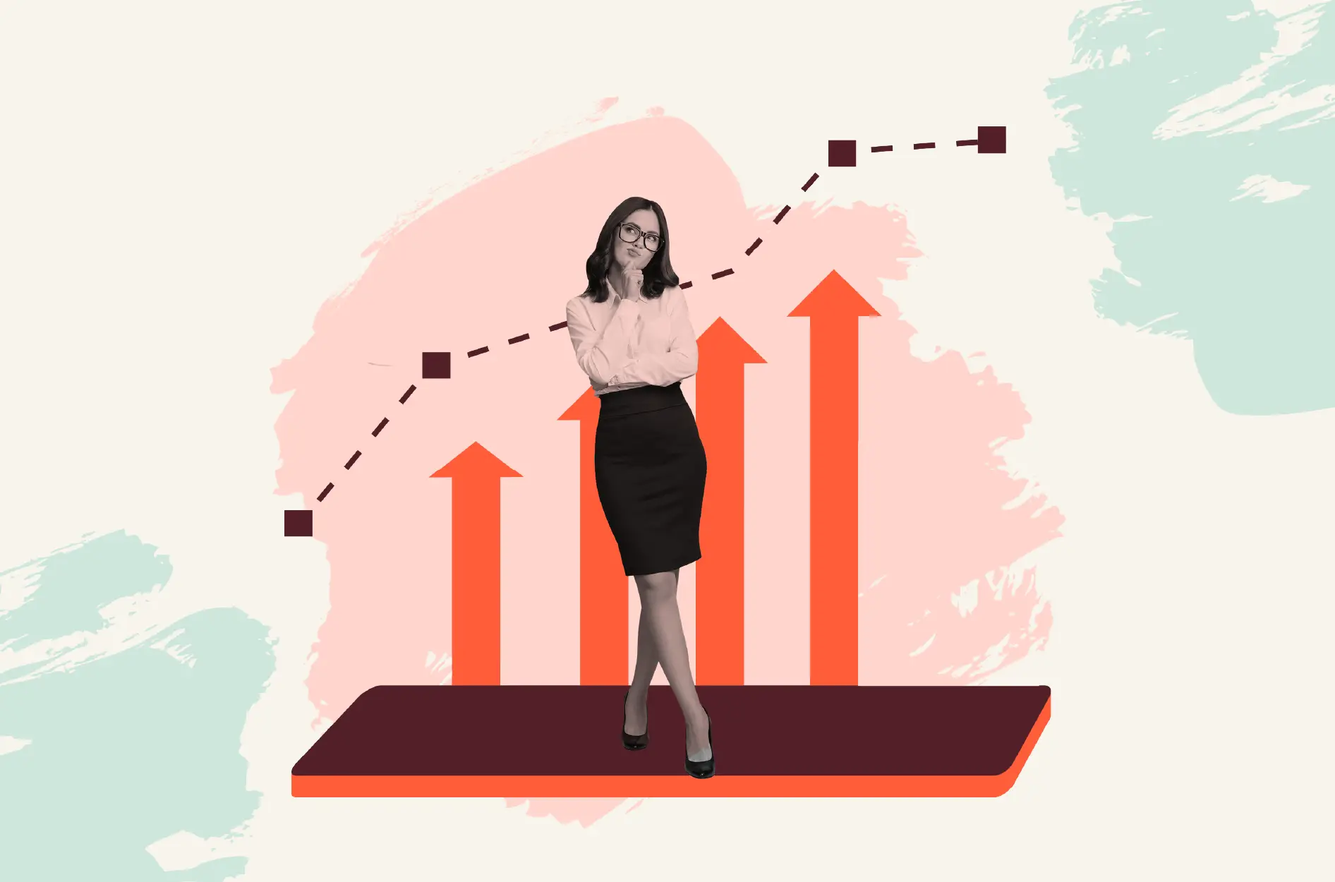 Rising orange arrows and a dotted line give a curious woman on a platform plenty to think about as she plans for scalable customer support.