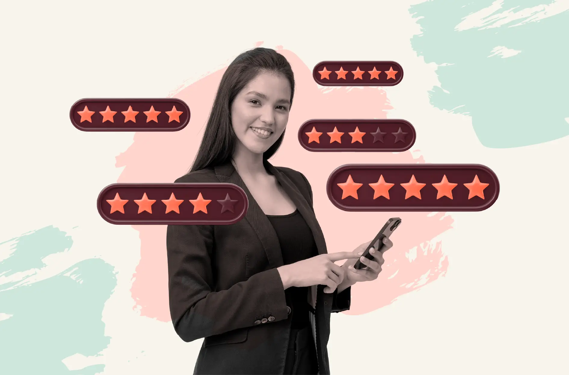 A smiling woman sizes up a lively mix of customer ratings while keeping outsourced CX quality in focus.