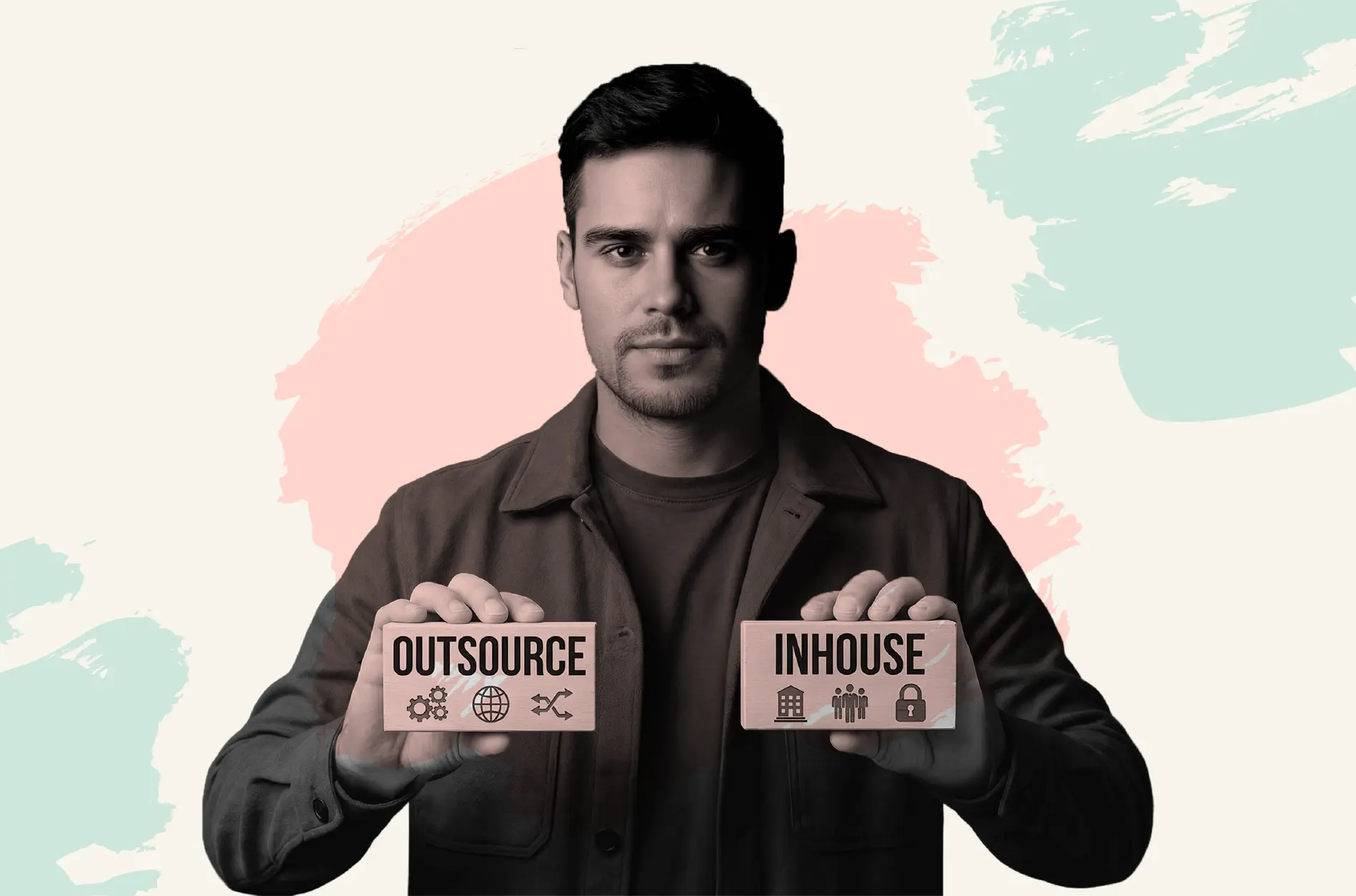 A focused man brings the in-house versus outsourced CX decision front and center with a clearly labeled block for each option.