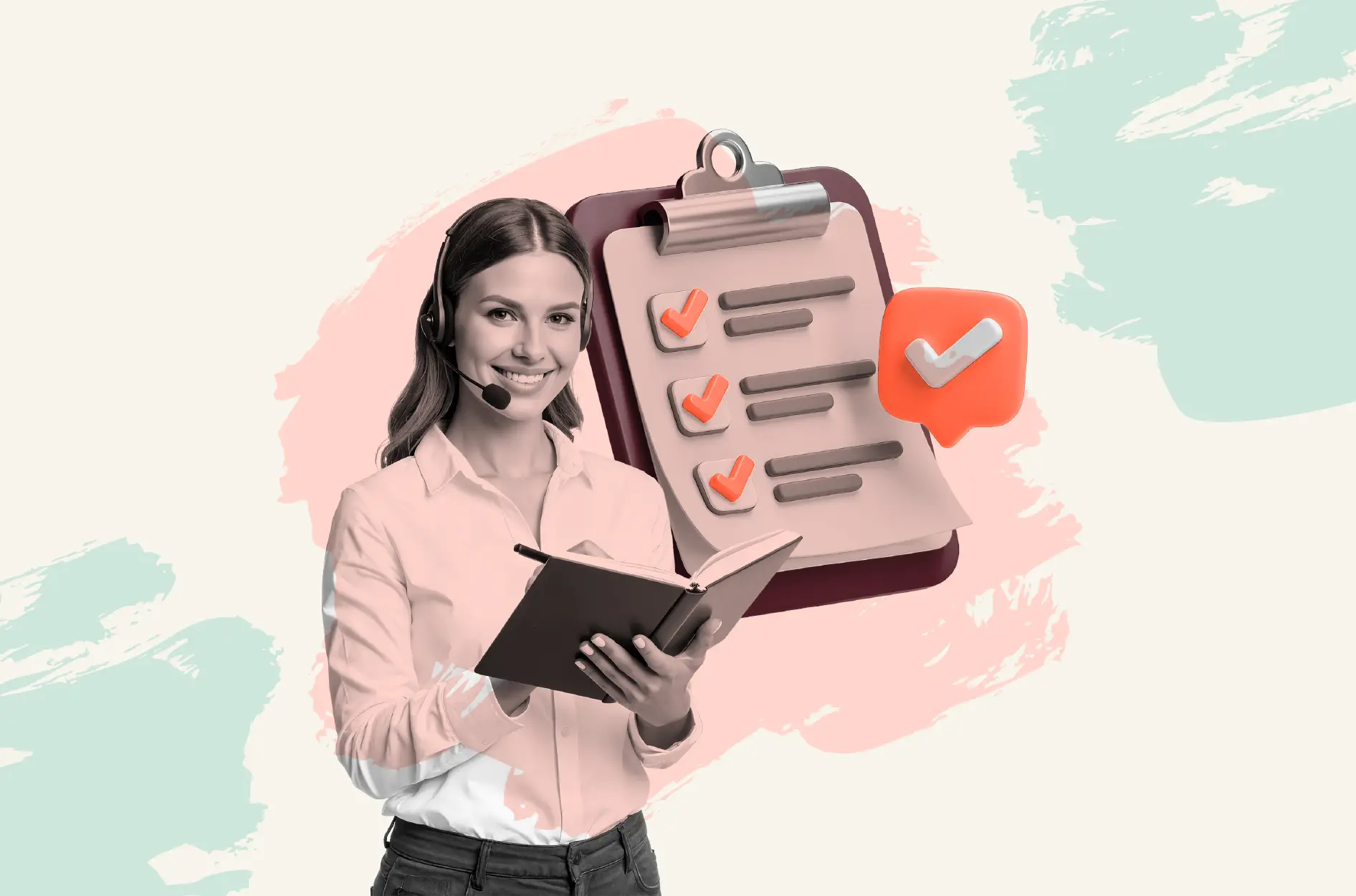 A smiling woman working in customer support, with notebook in hand, sizes up an oversized checklist of signs it’s time to outsource customer experience.